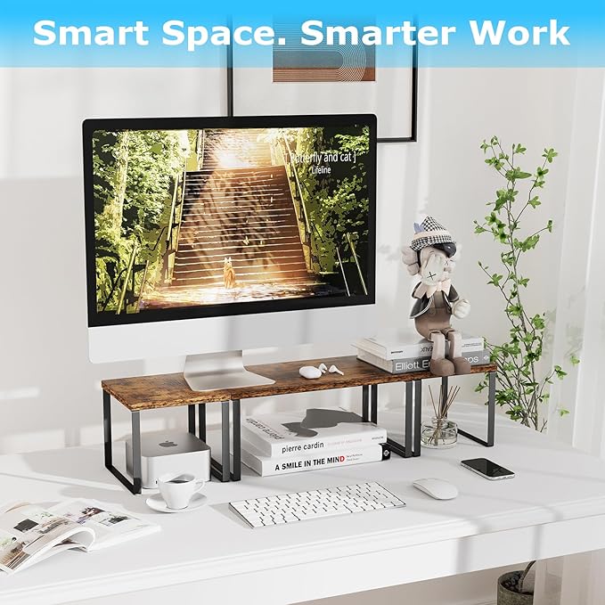 Aothia Wood Desktop Shelf for Top of Desk - 2-Tier Adjustable Bookshelf Organizer, Freestanding Stackable Shelves for Office, Home, Kitchen Counter (Rustic Brown)