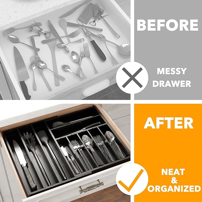 SpaceAid 2.5" High Bamboo Silverware Drawer Organizer with Labels, Kitchen Utensil Expandable Tray Holder for Flatware, Cutlery, Spoon and Knives Drawer Storage Organization (Black)