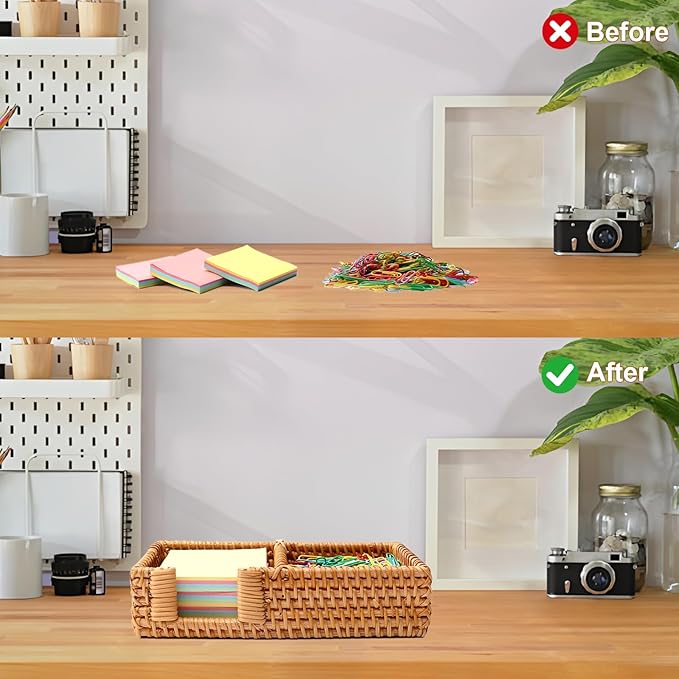 3 x 3 Inch Sticky Note Holder,Rattan Post It Note Dispenser,2 Slot Sticky Note Dispenser,Wicker Post It Holder for Home Office Desk Decor,Honey Brown