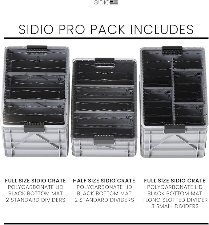 SIDIO CRATE Pro Pack - Two Full Size and One Half Size Heavy Duty Stackable Storage Bins, Totes, Containers with Lids and Dividers - Durable Organizer for Home, Office, Garage, and Outdoor Use - Gray