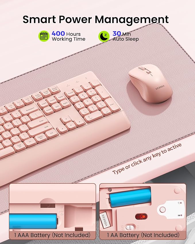 seenda Wireless Bluetooth Keyboard and Mouse Combo, COE200 Ergonomic Wireless Keyboard Mouse with Wrist Rest, Multi-Device Connection, Full-Size, Compatible for Computer/Laptop/Mac/MacBook, Pink