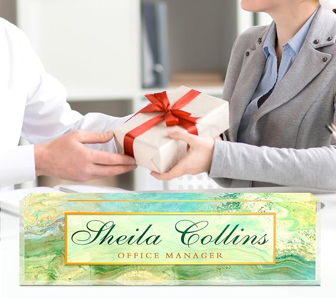 Custom Name Plate for Desk, Employee Appreciation Gifts, Acrylic Desk Name Plate Personalized, Office Decor, Funny Office Gifts for Coworkers Boss Teacher (Green Fields)