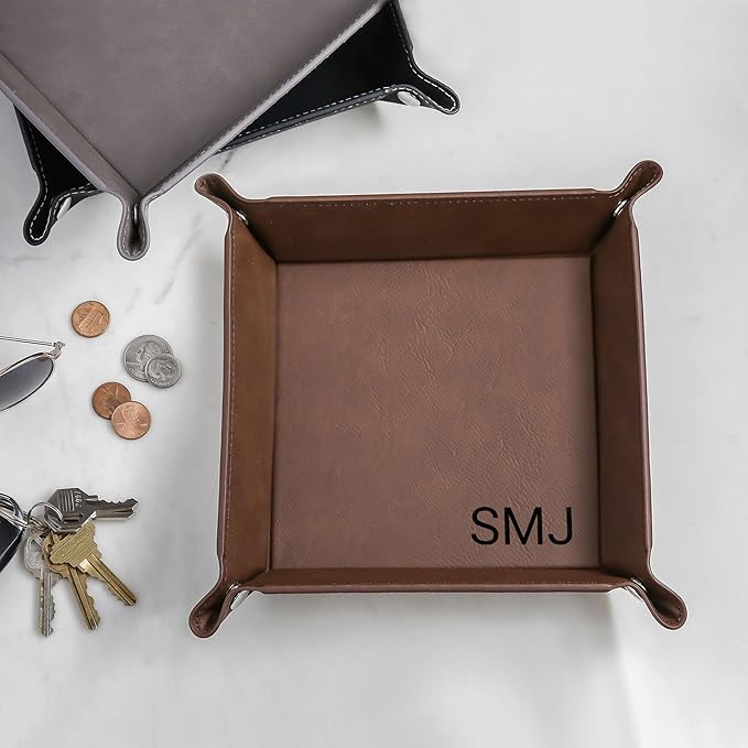 Lifetime Creations Monogrammed Valet Tray (Gray) - Personalized Vegan Leather Catchall, Change Tray, Groomsmen Gift, Desk Dresser Organizer