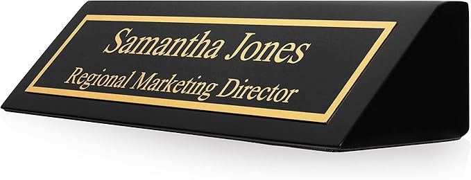 Providence Engraving Personalized Wood Desk Name Plate for Office with Custom Laser Engraved Piano Finish Desk Wedge in Black, 2X8