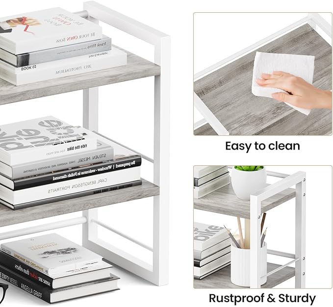 Office Desk Shelf Organizer, Wood Desktop Bookshelf Supplies Storage Rack, Shelf for Top of Desk and Dresser (Grey-2 Tier)