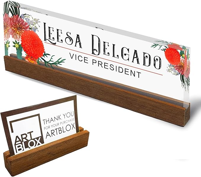 Artblox Office Personalized Name Plate for Desk with Business Card Holder On Clear Acrylic Glass Autumn Flowers Design Custom Desk Name Plate with Your Name and Credentials Customized Gift