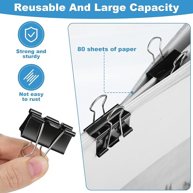 Afcabakila 300 Pcs Medium Binder Clips, 1.25 Inch Black Paper Clips Office Supplies Paper Clamps for Teachers Home Business Paperwork Supplies