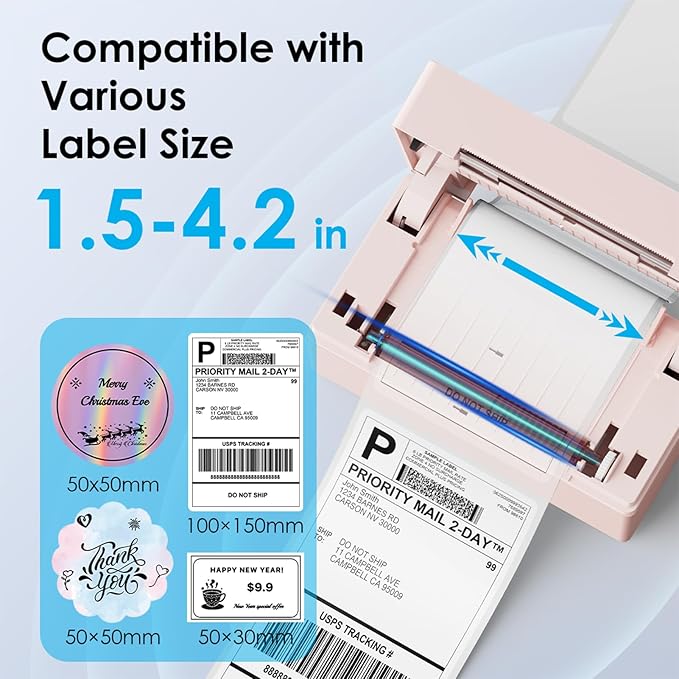 Bluetooth Thermal Shipping Label Printer, 4x6 Portable Thermal Address Label Printer for Small Business, Compatible with iPhone,Android,Windows,Mac,–Works with Ebay Shopify USPS&More, Pink