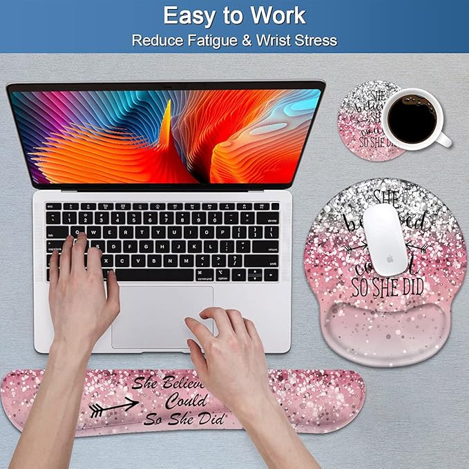 Keyboard Wrist Rest and Mouse Pad Wrist Support Set with Coasters, She Believed She Could So She Did Inspirational Quote Wrist Mouse Pad with Non-Slip PU Base for Computer Laptop Home Office