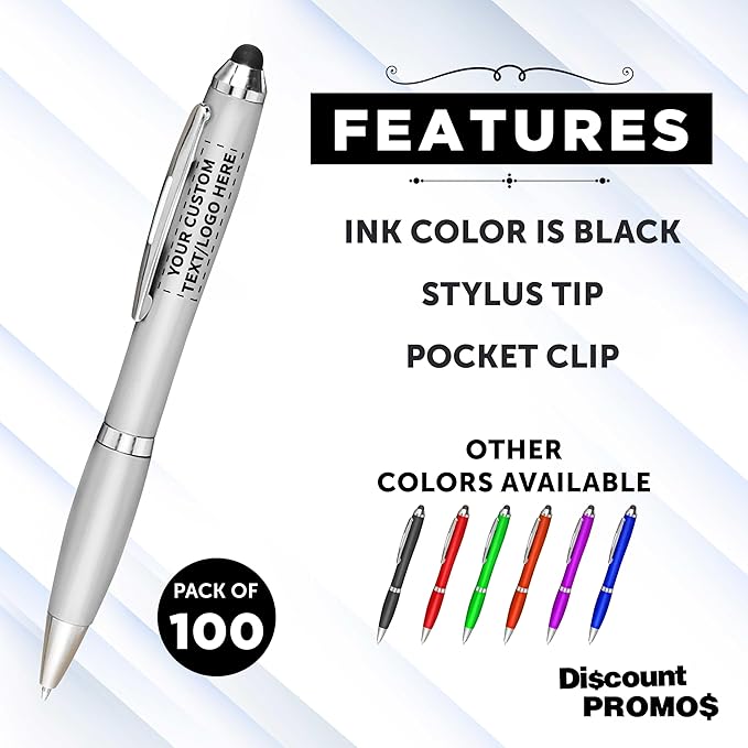 DISCOUNT PROMOS Custom Plastic Stylus Pens Set of 100, Personalized Bulk Pack - Black Ink, Great for Office, School, Business, Tradeshows, Events - Silver
