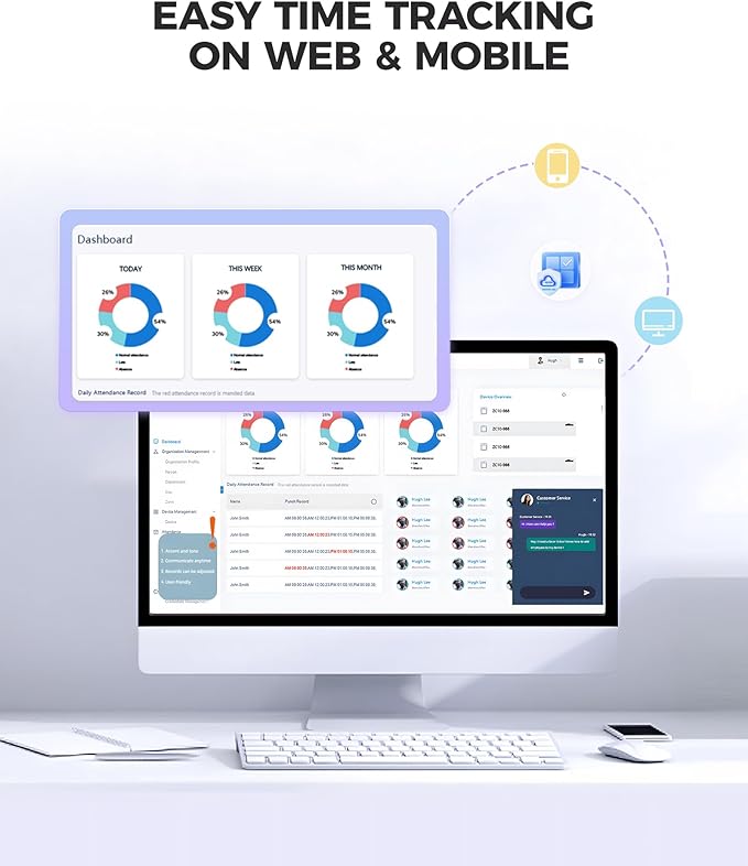 NGTeco Time Clock Cloud-Based, TC5 Face Recognition Time Clocks for Employees Small Business, 2.4G WiFi Remote Control Clock in and Out Machine with Software & iOS/Android App, No Monthly Fee
