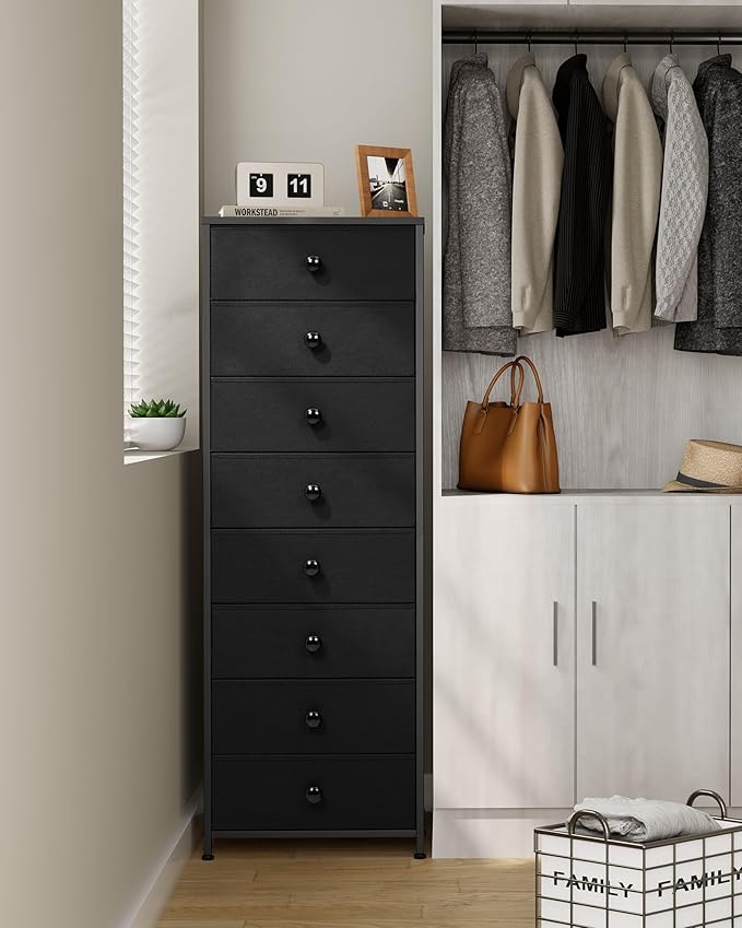 Crestlive Products Tall Dresser, 8-Drawer Fabirc Storage Tower, Chests of Drawers - Vertical Organizer Unit for Bedroom, Hallway, Entryway, Nursery, Closets - Steel Frame, Wood Top & Handles (Black)