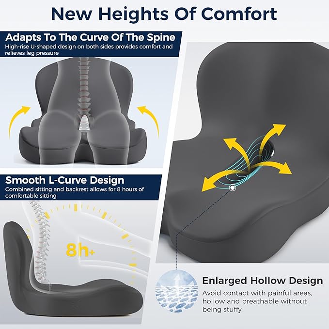 Seat Cushion, Office Chair Cushions for Tailbone Relief, Seat Cushions for Office Chair with L-Shaped Ergonomic Design, Memory Foam Chair Cushion for Long Sitting Office Worker(Dark Gray)