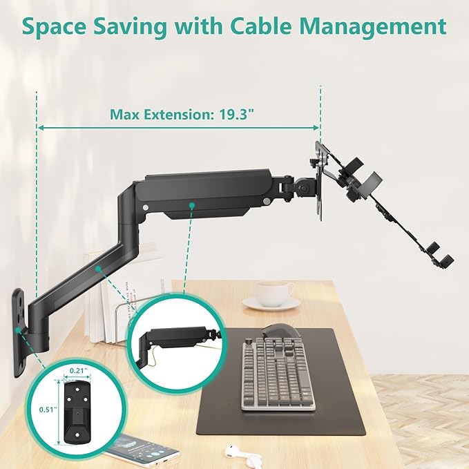 WALI Laptop Wall Mount, Full Motion Adjustable Laptop Arm Fits 10 to 17inch Notebook, 2-in-1 Monitor Wall Mount for 17 to 32inch Computer Screen, Holds up to 15.4-22lbs(GSWM001LP), Black