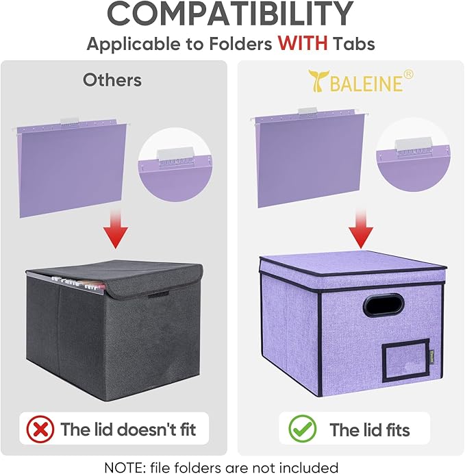 BALEINE File Organizer Box with Lid, Collapsible File Folder Organizer with Plastic Slide, Hanging File Folder Box for Office Document Storage (Tab Friendly, 1 Pack, Purple)