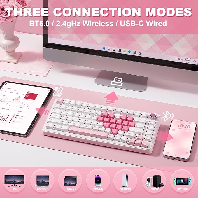 YUNZII B75 PRO Wireless Mechanical Keyboard,75% Layout with Knob,Hot Swap Gasket Structure,Creamy Pre-lubed Switches,RGB Backlit,Bluetooth/Type-C/2.4G for Win/Mac (White, Cocoa Cream V2 Switch)