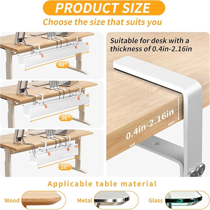 Under Desk Cable Management Tray, No Drill Desk Cord Organizer with Clamp, 28" Fabric Cable Management for Standing Desk Office & Home, White
