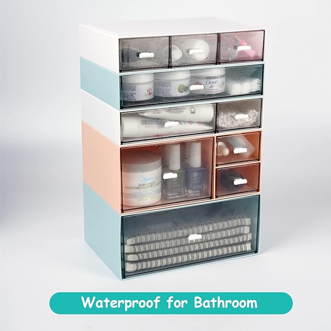 Desktop Stackable Storage 3 Drawers, Blue Plastic Stationery Drawer Organiser, Makeup Desk Organiser Storage Box, Small Drawers Storage Unit, 1 Deep Layer