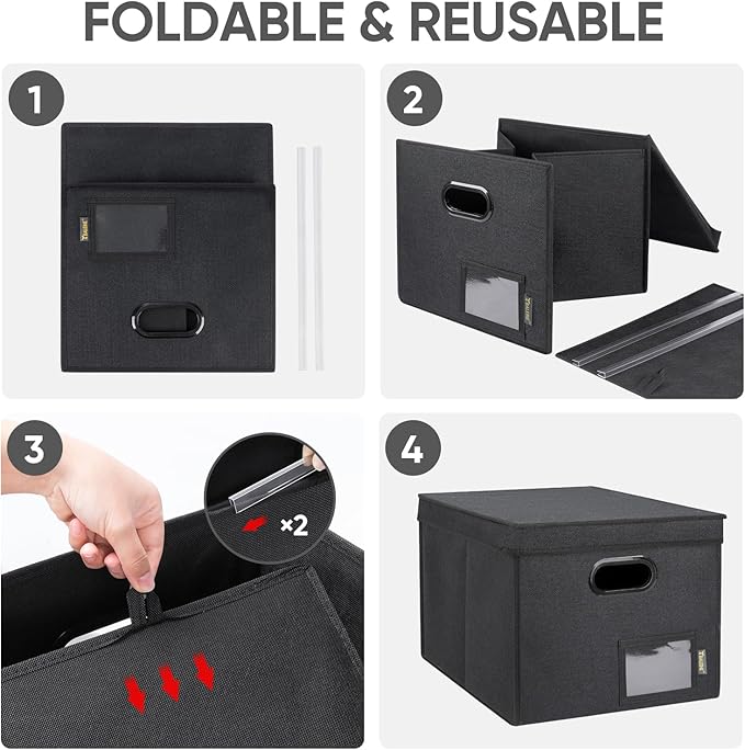 BALEINE File Organizer Box with Lid, Collapsible File Folder Organizer with Plastic Slide, Hanging File Folder Box for Office Document Storage (Tab Friendly, 1 Pack, Black)