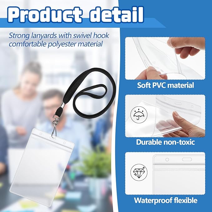 Chuangdi 200 Pcs Large 4 x 6 Inch Clear ID Badge Holder with Lanyard Waterproof Vertical Badge ID Card Holders Clear Plastic Tags Transparent PVC Pouch for Office (Black Lanyard)