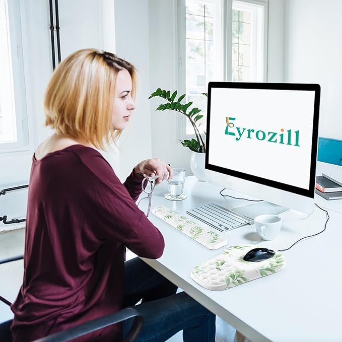 EYROZILL 3 in 1 Ergonomic Mouse Pad and Keyboard Wrist Rest, Cute Mouse Pad with Wrist Support Massage Design, Non-Slip Wrist Pad for Mouse, Desk Mouse Set (Green Plant)