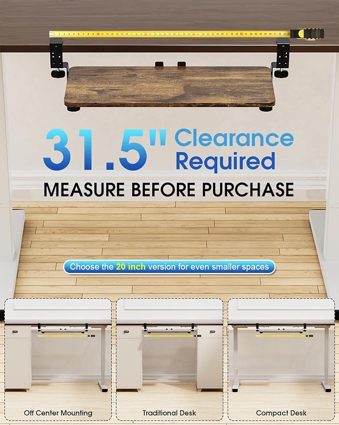 Large Keyboard Tray Under Desk, Pull Out Keyboard & Mouse Tray with Adjustable C-clamp, 25.6(31.5 Including Clamps) x 11.8 Inch Slide Out Computer Keyboard Drawer Mouse Tray for Typing, Brown