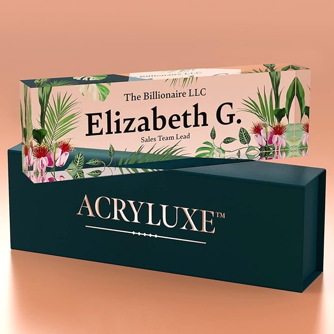 Desk Name Plate Personalized, Custom Name Plates 2½/x8 Inches, Thick Crystal-Clear Acrylic, Gift Box, Office Desk Decor. USA Made by ACRYLUXE (Garden)