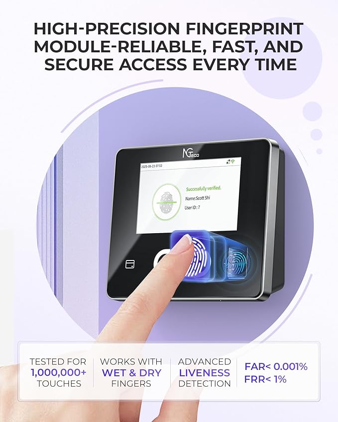 NGTeco Time Clock Cloud-Based with Tuch Screen, 4-in-1 Remote Control Time Clocks for Employees Small Business, Face/Fingerprint/Card/PIN, 2.4GHz&5GHz WiFi, Software & App, 10 IC Cards, 0 Monthly Fee