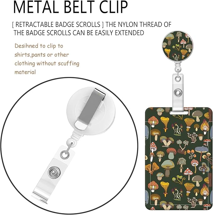 BLOCIT ID Badge Holder with Lanyard - Fashionable ID Card Holders with Retractable Lanyards - Soft Fiber Metal Clip Sturdy Buckle for Key Wallet - Work Nurse Teacher (Different Mushroom)