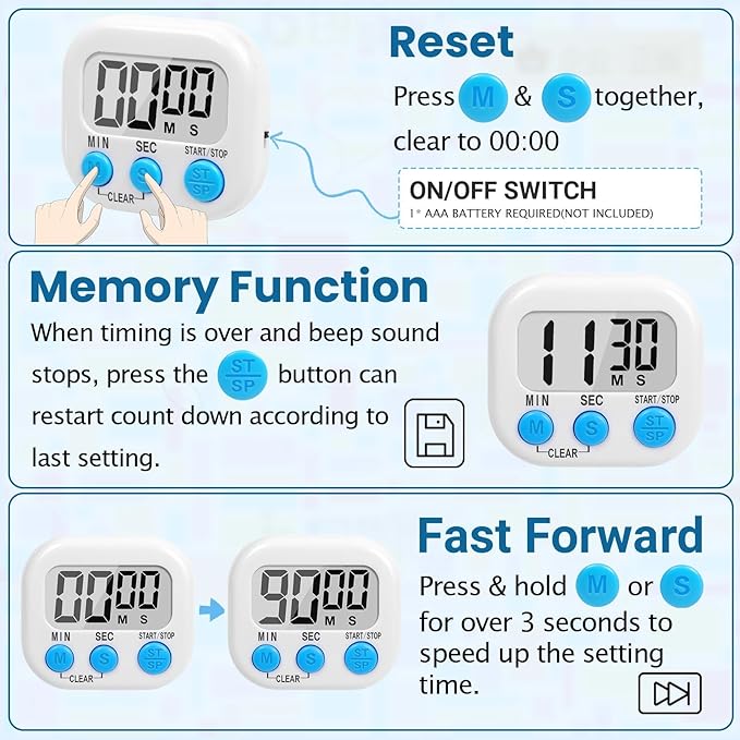 12 Pack Digital timers for Classroom, Magnetic Countdown Kitchen Timers for Cooking, Big Digits Loud Alarm Timer for Teachers, Sports, Study, Gym, Training, Baking