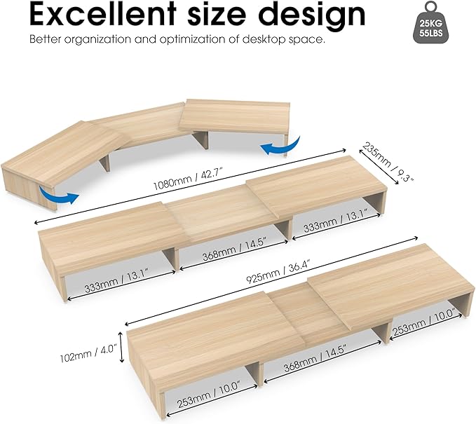 FITUEYES Dual Monitor Stand – 3 Shelf Computer Monitor Riser, Wood Desktop Stand with Adjustable Length and Angle, Desk Accessories, Office Supplies Medium Oak, DT108006WO