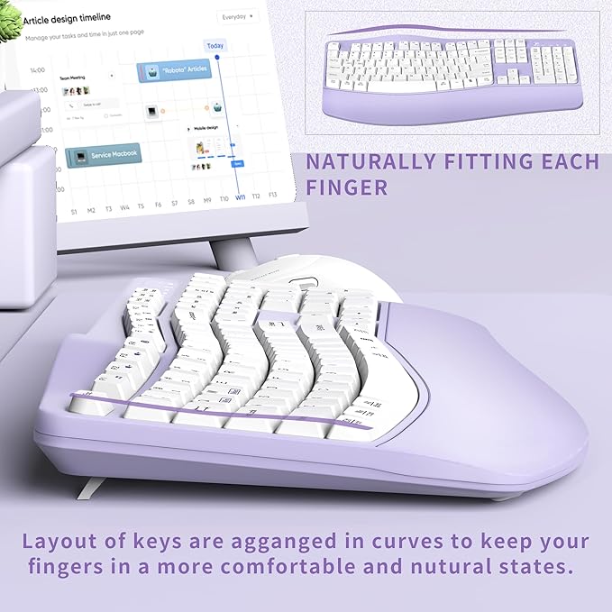 Ergonomic Wireless Keyboard and Mouse Combo, Wave Keys Keyboard with Wrist Rest for Natural Typing, 3 DPI Adjustable Ergonomic Silent Mouse for Computer/Laptop/Windows/Mac (Purple)