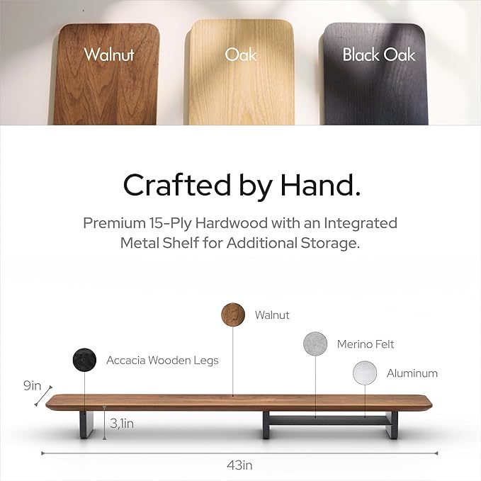 KIVY Dual Monitor Riser with Integrated Metal Shelf - Wooden desk shelf for top of desk - Wood monitor stand for desk 2 monitors / tv - Dual monitor stand riser for desk - Large walnut monitor stand