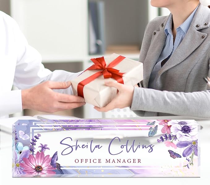 Custom Name Plate for Desk, Employee Appreciation Gifts, Acrylic Desk Name Plate Personalized, Office Desktop Accessories, Office Decor Gifts for Coworkers Boss Teacher (Purple Flower)