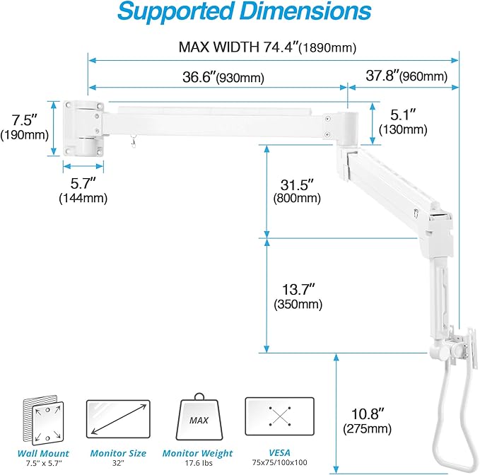 AVLT Medical Grade 17.6 lbs Monitor Wall Mount - Mounts Ultrawide Monitor on 74" Long Extension Full Motion Height Adjustable Arm - for Healthcare and Maintenance Area