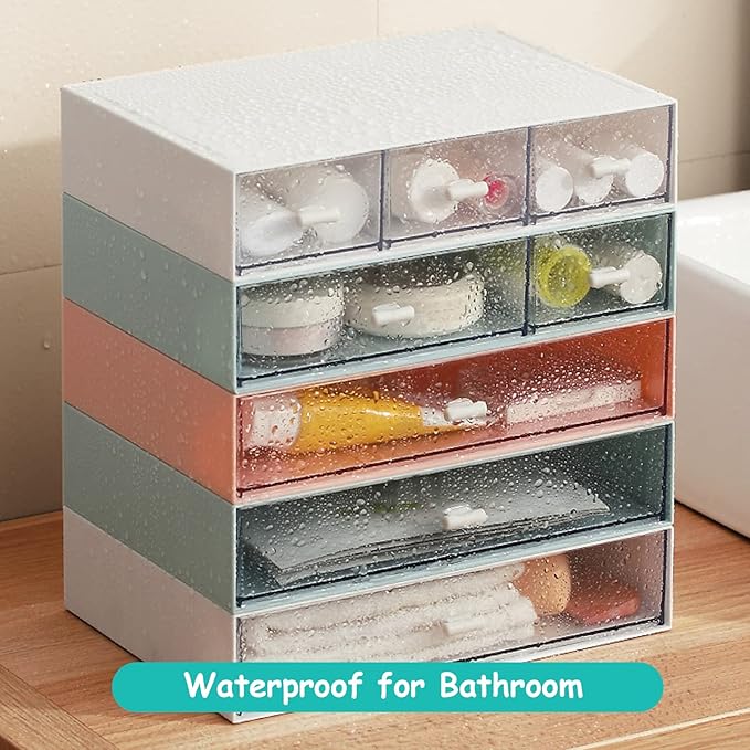 Desktop Organiser with 5 Drawers, Stackable Plastic Storage Box on Desk, Small Drawers Storage Unit for Home Collection, Cosmetics, Office Supplies (2 Flat Layers, White)