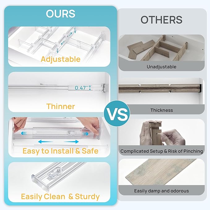 Vtopmart 2.36” Drawer Dividers with Expandable Inserts, 12.8"-22.3" Adjustable Kitchen Drawer Organizer, Clear Plastic Organizer Separator for Flatware, Utensil, Cutlery, 6 Dividers with 10 Inserts