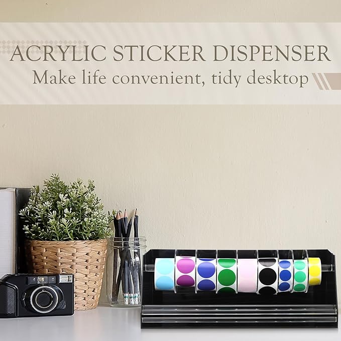 Adjustable Label Dispenser Acrylic Sticker Roll Dispenser Label Roll Holder Multi Use Sticker Holder Organizer Stand for School Gifts and Home Office Desktop(9 Disks)
