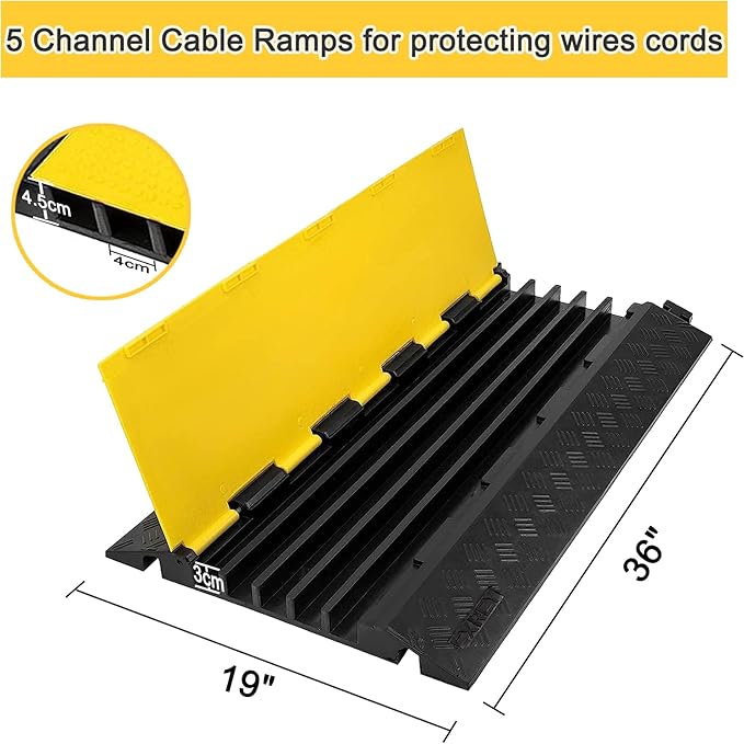 CXRCY 5 Channel Cable Protectors Ramp, 2Pack Cable Ramps,18000lbs Capacity Heavy Duty Rubber Driveway Traffic Speed Bumps Hose Cord Cable Protector Ramp for Wire/Hose/Pipe Hider