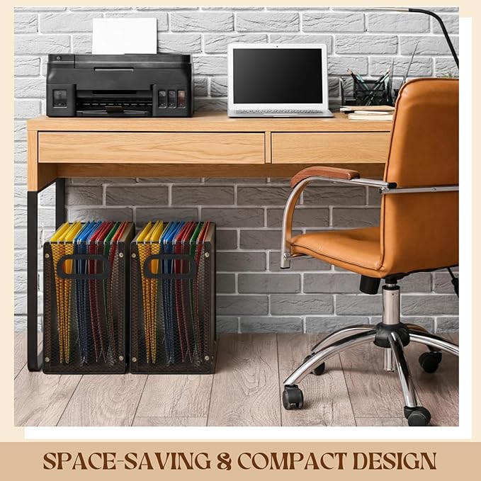2 Packs Hanging File Folder Organizer Filing Box with Handles for Letter Size Folders Vintage File Organizer Holder for Desk Space-Saving Storage Bin for Office/Home, 12.2" x 5.3" x 9.8"