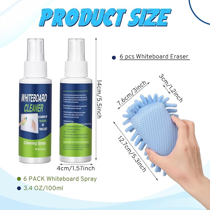 6 Pack Whiteboard Cleaner 3.4 Fl oz White Board Cleaning Spray Dry Erase Board Cleaner with Microfiber Shag Whiteboard Eraser Removes Stubborn Marks from Chalkboard (Pastel)