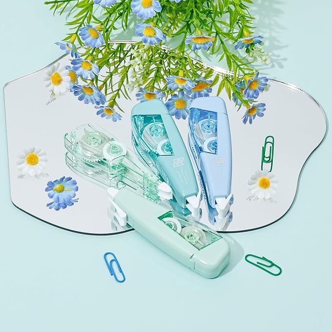 Temiary 3 Pcs Correction Tapes with 3 Pcs Extra Refills, Aesthetic White Pull Out Tape, Easy Grip & Carry, Works with Multiple Pens, Smooth for School & Office Workers (Light Green/Green/Blue)