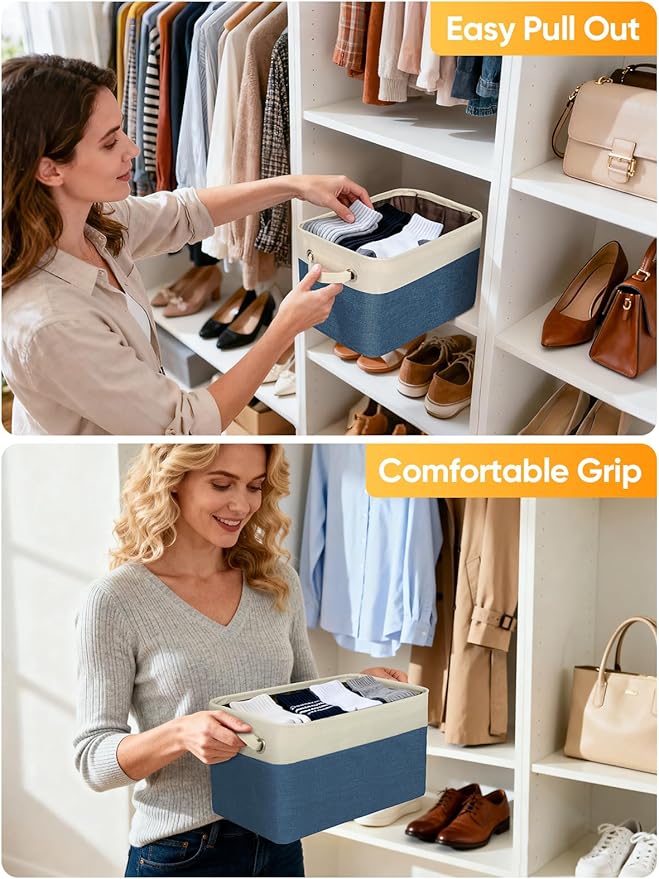 BALEINE 4 Pack Fabric Storage Bins for Shelves, Linen Storage Baskets for Organizing, Decorative Closet Bins for Clothes, Home (Navy Blue, 12"x8"x8")