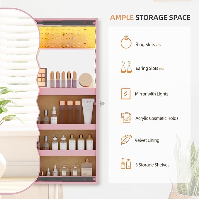 Lvifur Jewelry Armoires with LED Lights, Hanging Jewelry Storage Cabinet Lockable Wavy Mirror Jewelry Organizer, Lockable Frameless Mirror with Storage, LED Jewelry Cabinet Wall/Door Mounted(White)