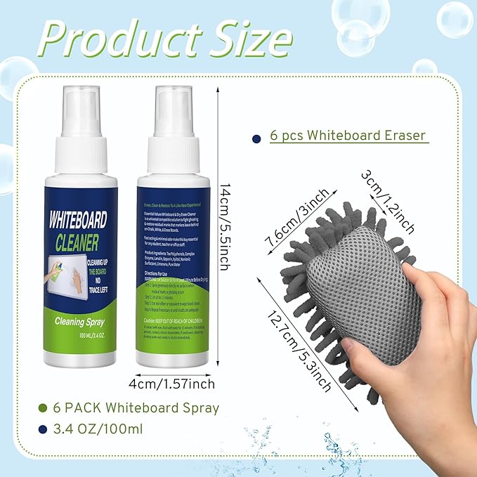 6 Pack Whiteboard Cleaner 3.4 Fl oz White Board Cleaning Spray Dry Erase Board Cleaner with Microfiber Shag Whiteboard Eraser Removes Stubborn Marks from Chalkboard(Grey)
