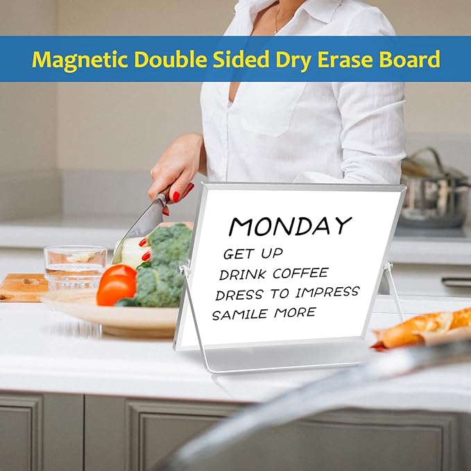 Dry Erase White Board, 16inX12in Large Magnetic Desktop Whiteboard with Stand, 10 Markers, 4 Magnets, 1 Eraser, Portable Double-Sided White Board Easel for Memo to Do List Desk Office