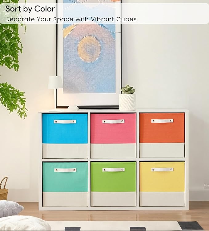 Storage Cube Bins | 7.7 oz/yd² Fabric Cubby Organizer Baskets for Shelf, Bookcase, Closet, Cabinet, Wardrobe | 13x13 Cube Drawer | 6 Pack, Macaron & Cream White, 13x13x13 Inch