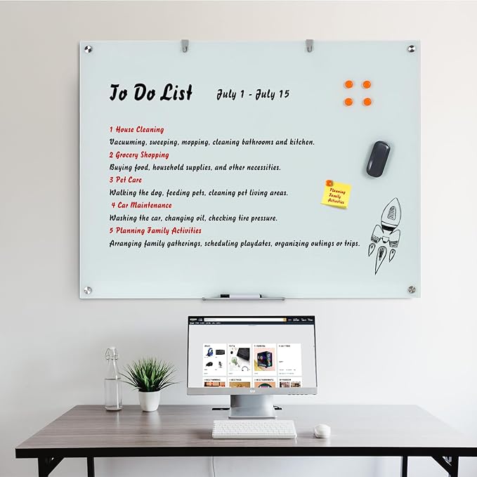 Glass Dry Erase Board, 48 x 36 Inches Magnetic Glass Whiteboard for Wall, 4' x 3' Frameless Board for Office, Home, School