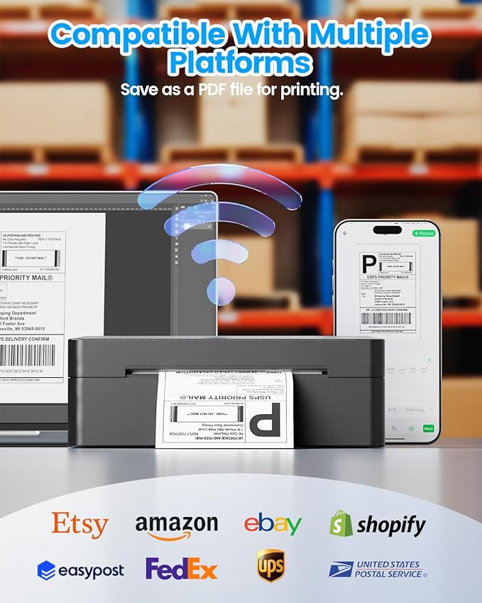 Bluetooth Thermal Shipping Label Printer, 4x6 Shipping Label Printer for Small Business, Support Android, iOS, Windows & Mac, Works with Amazon, Ebay, Shopify, Etsy