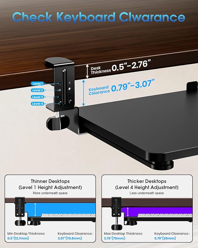 Large Keyboard Tray Under Desk, Pull Out Keyboard & Mouse Tray with Adjustable C-clamp, 25.6(31.5 Including Clamps) x 11.8 Inch Slide Out Computer Keyboard Drawer Mouse Tray for Typing, Black